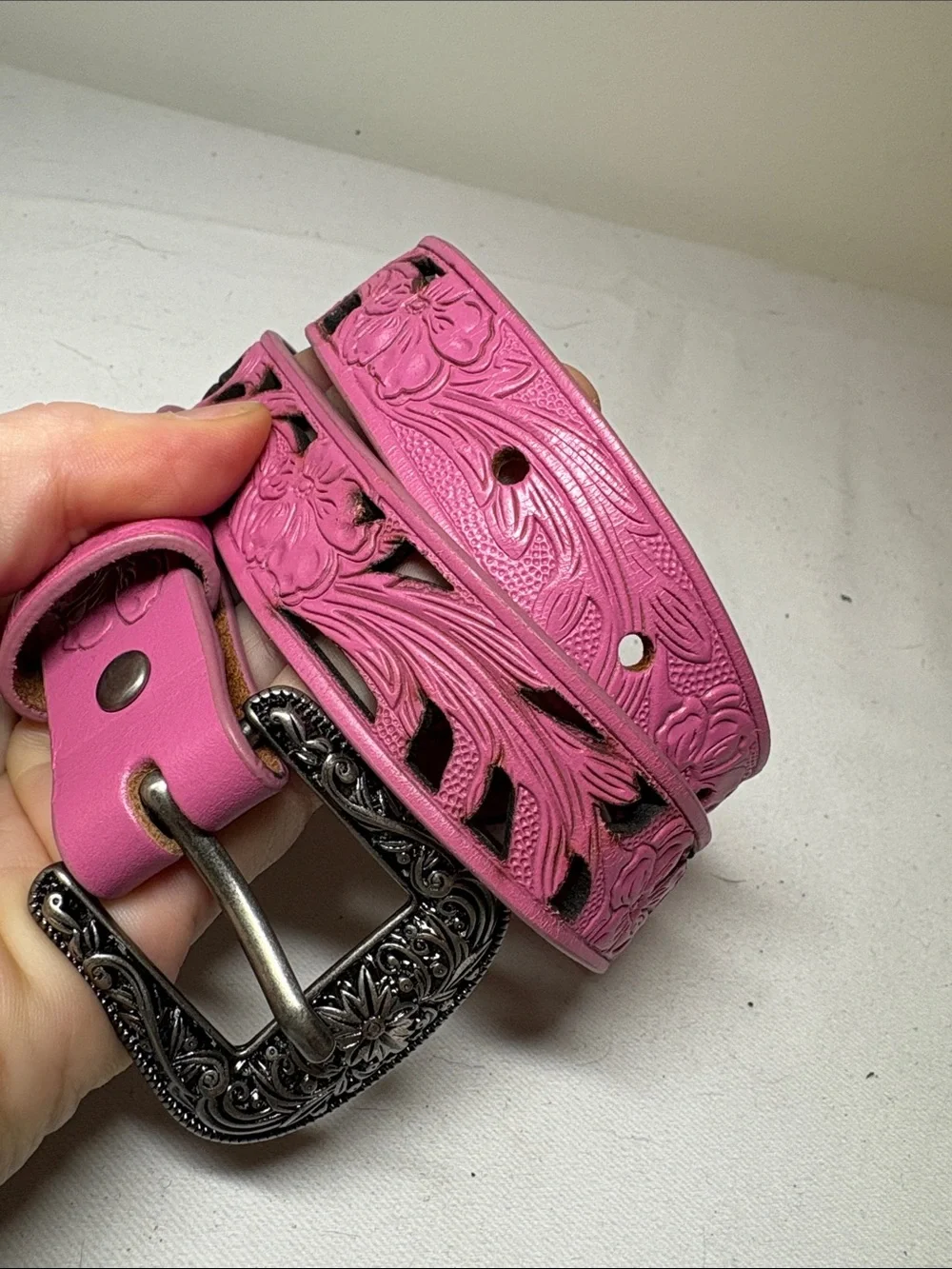 Shyanne Pink Tooled Leather Belt Size 22